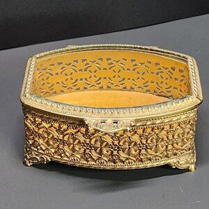 Vintage Brass Filigree Jewelry Casket Box Oval Beveled Glass Top Designed